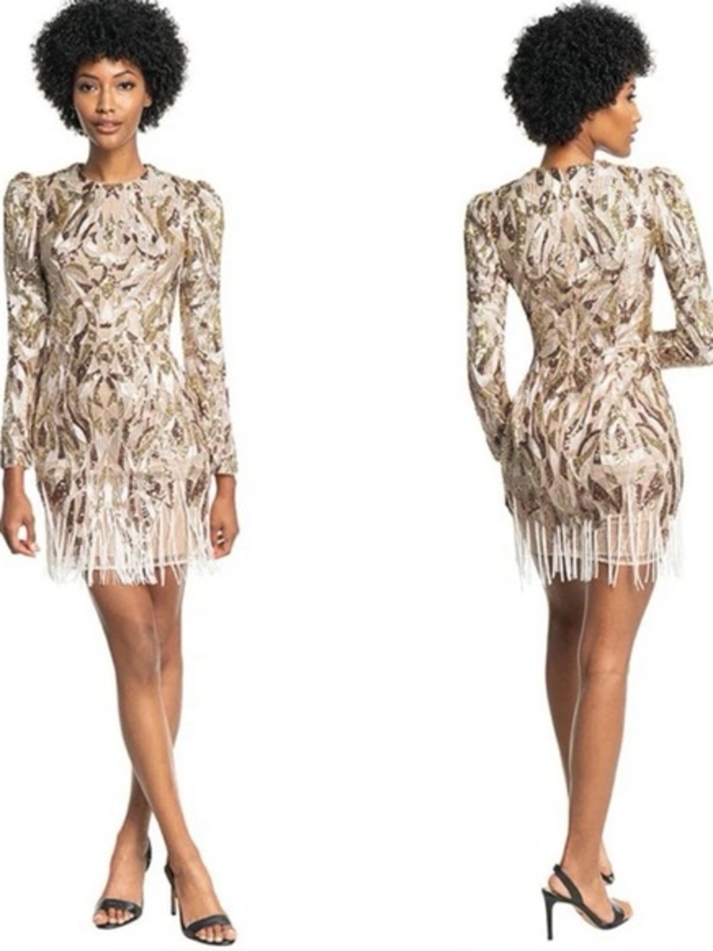 NWT Dress the Population Avena Sequin Fringe Mini Dress Ivory Multi L
